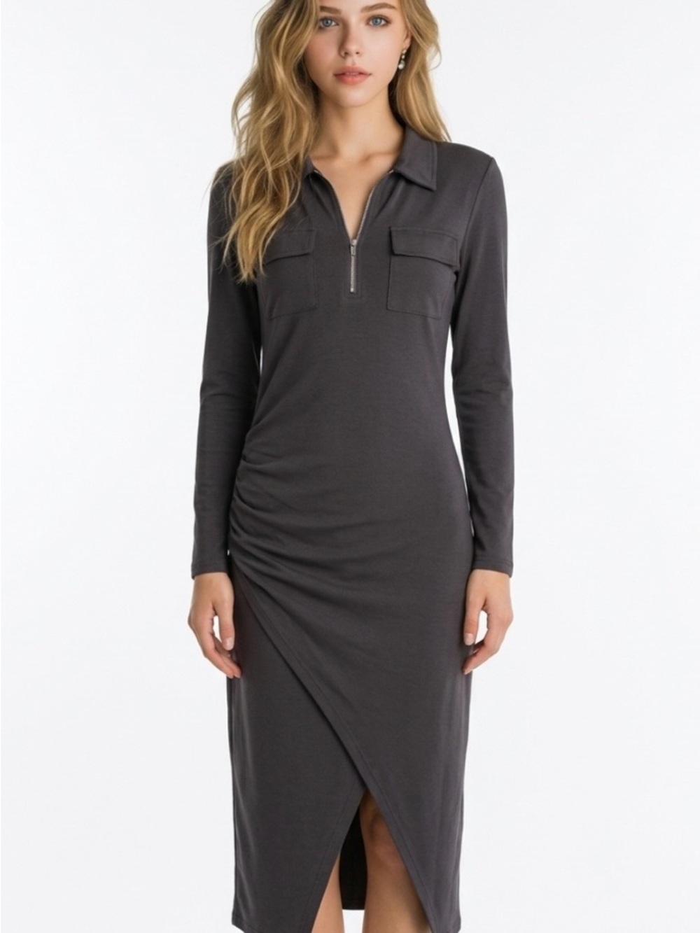 Long Sleeve Charcoal Zip Polo Wrap Midi Dress